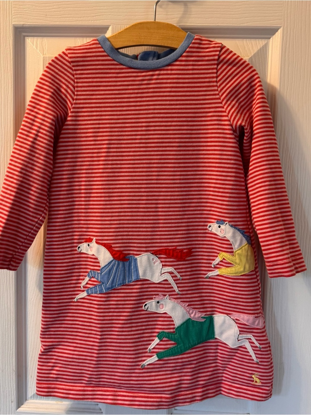 Joules girls knit dress Red & White Striped race horses appliqué embroidery